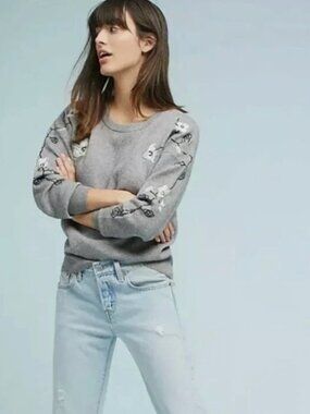 Anthropologie Women's Grey Embroidered Sweater